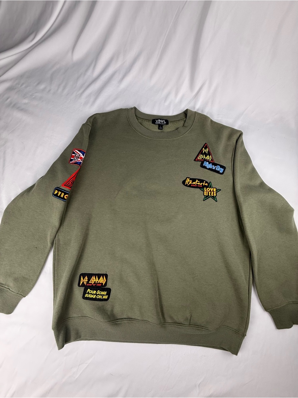 Def Leppard Olive Green Crewneck Sweatshirt with Patches